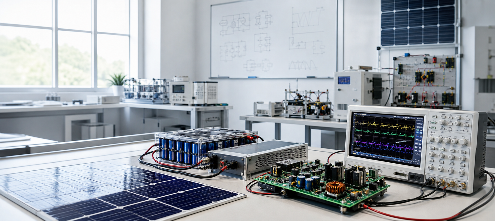 Modern power electronics lab bench with solar, battery, and measurement equipment